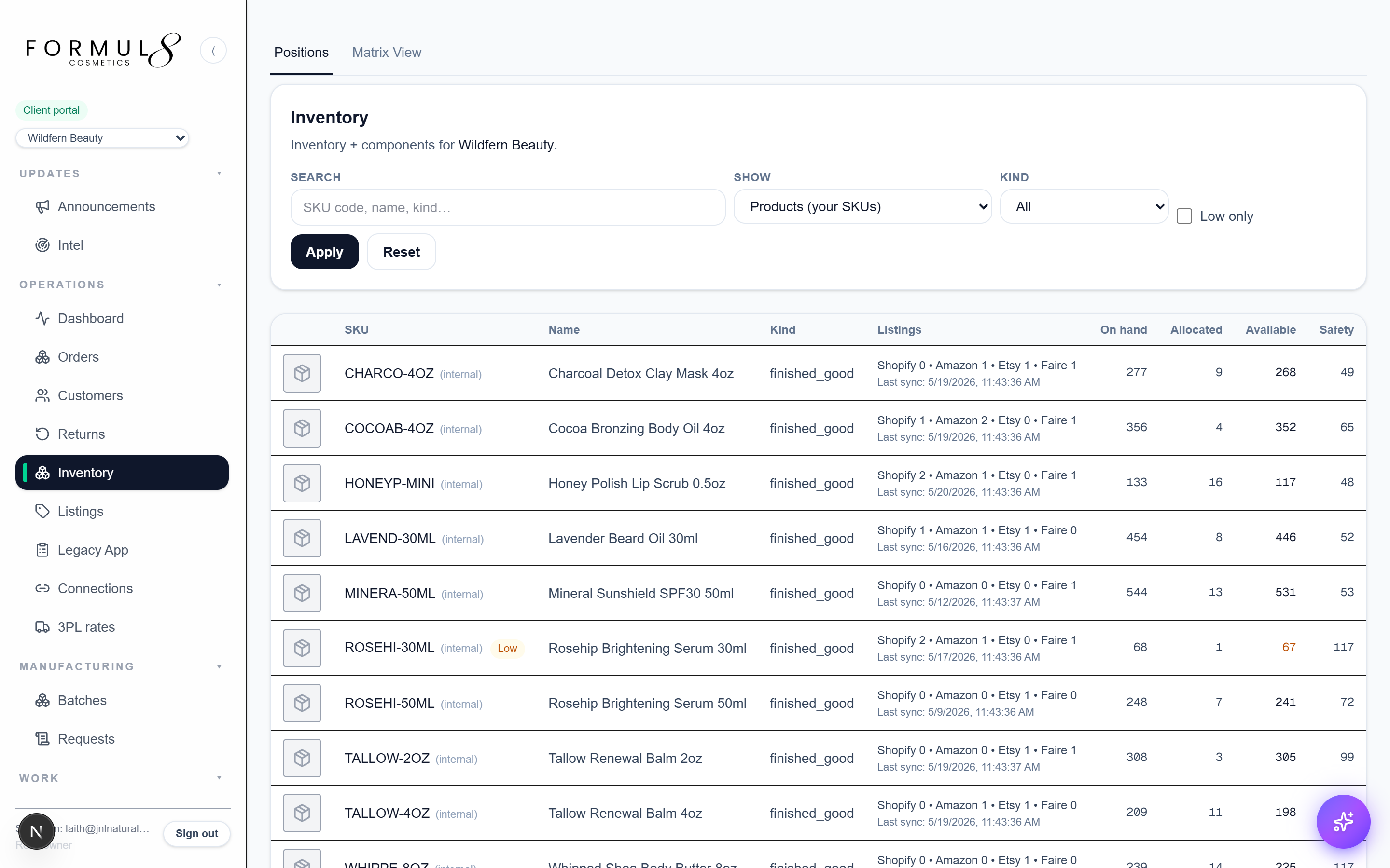 Inventory positions with safety stock alerts