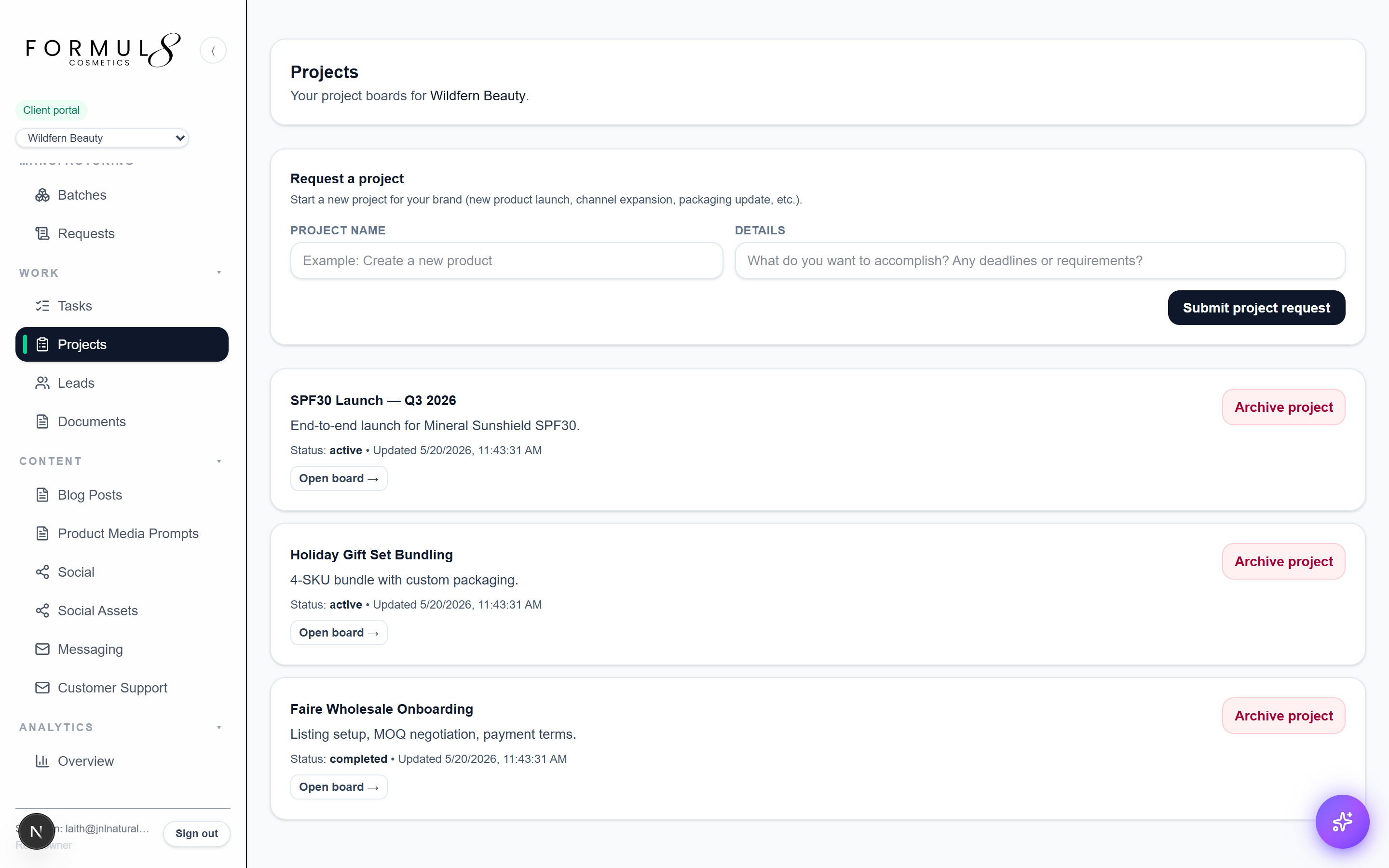 Active projects shared between brand and Formul8 team