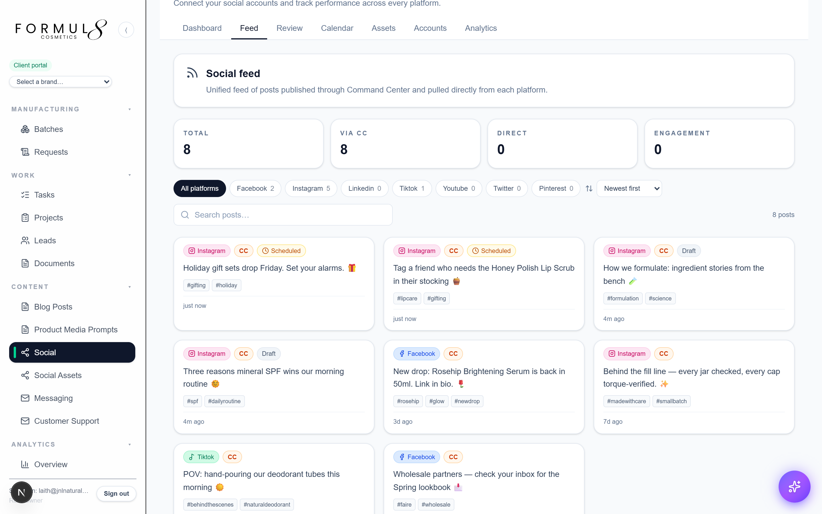 One feed across Instagram, TikTok, Facebook and Pinterest.